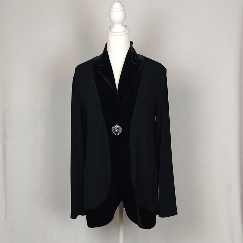 Travelers by Chicos Womens Black Velvet Trim Rhinestone Button Jacket Size 0 S